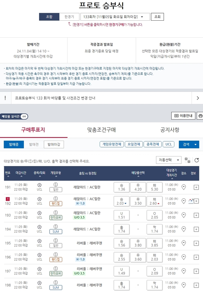 ‘레알마드리드 VS AC밀란’ 프로토 승부식 133회차 챔피언스리그 대상 경기 마감 임박