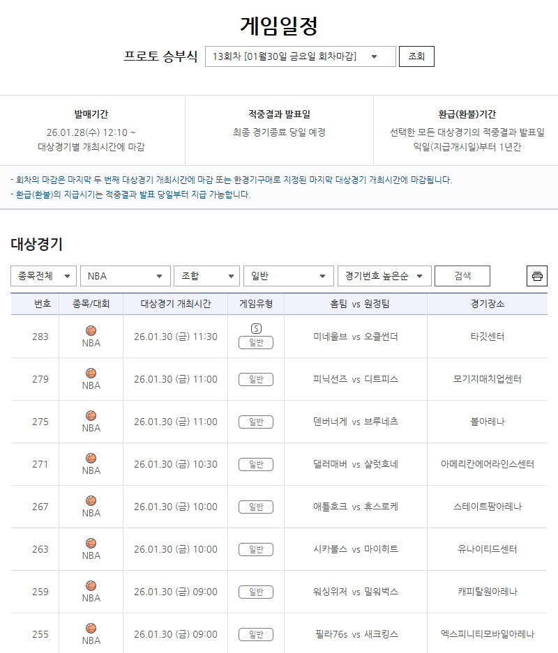 ‘NBA 동·서부 1위 경기 포함’…프로토 승부식 13회차 발매
